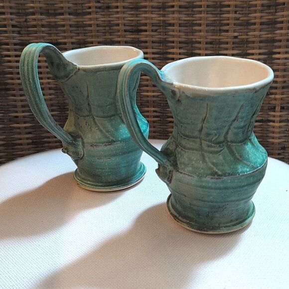 Handmade Turquoise Ceramic Textured Coffee Mug Set Artist Signed Pottery Cups - Picture 8 of 9